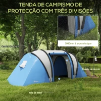 Outsunny Tenda de Campismo Familiar para 4-5 Pessoas Impermeável 3000 mm com 2 Quartos Bolsa de Transporte e Gancho 450x220x180 cm Azul(m-4)