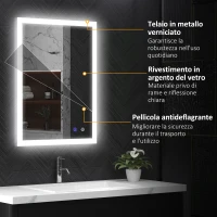 kleankin Specchio Bagno LED Antiappannamento con 3 Colori e Luminosità Regolabile, in Metallo e Vetro, 80x60x3 cm(m-7)