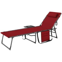 Outsunny Bain de soleil pliante dossier réglable sur 5 niveaux, plateau, appuie-tête, poche latérale 60x190x31cm, rouge(m-1)