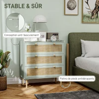 HOMCOM Commode design bohème en rotin avec 3 tiroirs, meuble de rangement pour le salon, le couloir, l'entrée, vert olive(m-6)