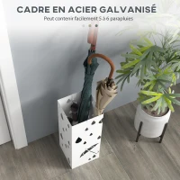 HOMCOM Porte-parapluie support à parapluie carré en acier avec 4 crochets et bac de récupération d'eau amovible blanc(m-4)