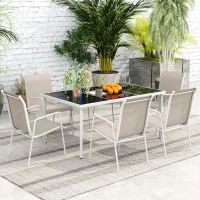 Outsunny Juego de Comedor de Jardín de 7 Piezas con 1 Mesa 6 Sillas Apilables para Terraza Patio Blanco y Gris(m-8)