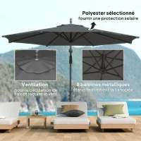 Outsunny Parasol déporté octogonal rabattable diamètre 3 m parasol de jardin avec pied en croix gris foncé(m-6)