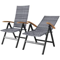 Outsunny 2 Pieces Folding Rattan Garden Dining Chairs with 5-level Reclining High Back, Wood Armrests for Outdoor - Light Grey(m-11)