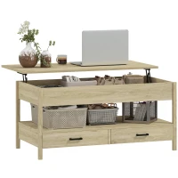 HOMCOM Table basse relevable, table basse avec tiroirs et compartiment caché pour salon, bureau à domicile, chêne(m-10)