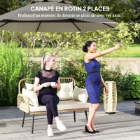 Outsunny Canapé de jardin avec coussins et oreillers 2 places en résine tressée, canapé d'extérieur avec accoudoirs bois naturel(m-4)