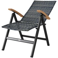 Outsunny Folding Rattan Garden Dining Chair with 5-level Reclining High Back, Wood Armrests for Outdoor, Patio - Mixed-grey(m-11)