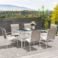 Outsunny Conjunto de Refeição 7 Peças com Mesa de Vidro Temperado e 6 Cadeiras Empilháveis com Apoio para os Braços Cinza(m-7)
