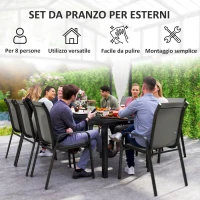 Outsunny Set da Giardino con Tavolo Rettangolare in Vetro e 8 Sedie Impilabili con Braccioli, Grigio Chiaro(m-6)