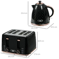 HOMCOM 1.7L 3000W Fast Boil Kettle & 4 Slice Toaster Set, Kettle and Toaster Set with 7 Browning Controls, Crumb Tray, Black(m-3)