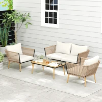 Outsunny Salon de Jardin en résine tressée 4 places avec 1 canapé 2 fauteuils et 1 table basse 7 coussins inclus crème(m-2)