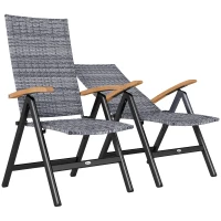 Outsunny 2 Pieces Folding Rattan Garden Dining Chairs with 5-level Reclining High Back, Wood Armrests for Outdoor - Light Grey(m-10)