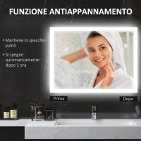 kleankin Specchio Bagno LED Antiappannamento con 3 Colori e Luminosità Regolabile, in Metallo e Vetro, 80x60x3 cm(m-6)