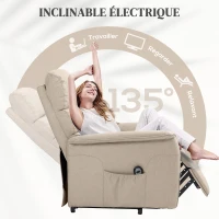 HOMCOM Fauteuil releveur inclinable avec repose-pied fonction massage et chaleur télécommande pochette beige chiné(m-5)