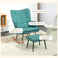 HOMCOM Silla Mecedora con Reposapiés Cojín Acolchado y Reposabrazos Carga 130 kg Verde Azulado(m-5)