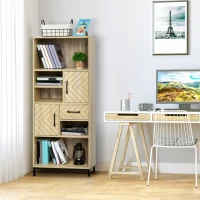 HOMCOM Bücherregal Highboard 2 Regale 3 Fächer 2 Schränke + Schublade aus Holz in Hell Eiche Grafischem Muster Schwarzen Metallbeinen(m-2)