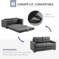 HOMCOM Canapé droit convertible 2 places - dossier capitonné - 147,5 x 75 x 85 cm - gris(m-5)