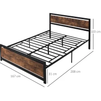 HOMCOM Doppelbettgestell aus Stahl mit Lattenrost und Kopfteil, passend für Matratze 200 x 160 cm in dunkler Holzoptik(m-3)