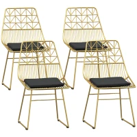 HOMCOM Luxurious Dining Chairs Set of 4, Metal Wire Kitchen Chair with Removable Velvet-feel Cushion, Cut-out Back and Steel Frame for Dining Room, Gold Tone(m-1)