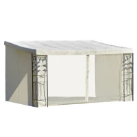 Outsunny Pergola anbaubar dim. 4L x 3B x 2,7H m Gartenpavillon Polyester hochdicht Moustiquaires Creme Metallstruktur Grau Epoxid(m-1)