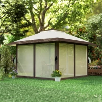 Outsunny Pavillon de jardin 4 x 4 m, Tente de jardin avec parois en filet, Protection UPF50+, Pavillon de fête ajustable en hauteur, Beige(m-5)