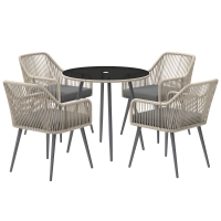 Outsunny Gartenmöbel-Set im Freien aus geflochtenem Rattan für 4 Personen - Kissen und runder Glastischplatte, für Terrasse, Garten, Braun