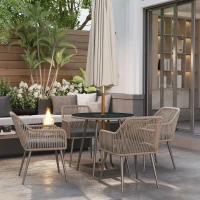 Outsunny 4 Seater Rattan Dining Set, Rattan Garden Furniture Set with Parasol Hole, Outdoor Dining Table and Chairs Set with Cushions, Round Glass Top Table for Patio, Balcony, Light Brown(m-8)