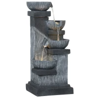 Outsunny 85 cm Zewnętrzna Fontanna, Czteropoziomowa Dekoracyjna Fontanna, Sztuczny Wodospad z Oświetleniem LED i Pompą, Szara(m-10)