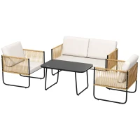 Outsunny Gartenmöbel-Set 4-teilig mit 2-Sitzer-Sofa, 2 Sesseln, 1 Glastisch und Kissen – Creme Weiß(m-1)