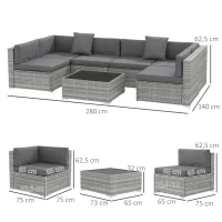 Outsunny 7-teiliges modulares Gartenmöbel-Set mit Glastischplatte und abnehmbaren Kissen inklusive grau(m-3)