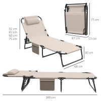 Outsunny Składany Leżak z 4-stopniową Regulacją Oparcia, Poduszką, Boczną Kieszenią, Zagłówkiem, 68 x 189 x 30 cm, Beżowy(m-3)