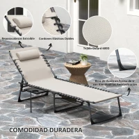Outsunny Tumbona Plegable con Respaldo Ajustable Reposacabezas Bolsillo Lateral Bandeja y Estructura de Acero 190x60x31 cm Crema(m-5)