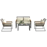 Outsunny Four Piece Wicker Rope Garden Furniture Set with Glass Top Coffee Table - Grey(m-11)