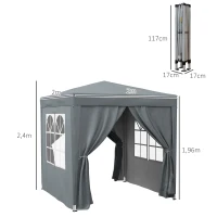 Outsunny Gartenpavillon Faltzelt Barnum Pop-up 2 x 2 m 4 abnehmbare Seitenwände 2 Fenster Transporttasche, Grau(m-3)