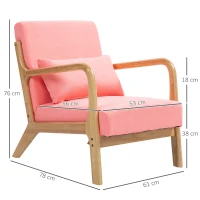 HOMCOM Butaca Nórdica Sillón de Salón Acolchado con Reposabrazos Cojín y Marco de Madera de Caucho 61x78x76 cm Rosa(m-3)