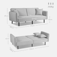 HOMCOM Schlafsofa 3-Sitzer, Schlafcouch Clic-Clac, mit 2 Kissen 195l x 89B x 87H cm Hellgrau(m-3)