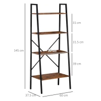 HOMCOM Ladder Shelf, Bookshelf, 4-Tier Industrial Storage Rack for Living Room, Bedroom, Kitchen, Rustic Brown and Black(m-3)