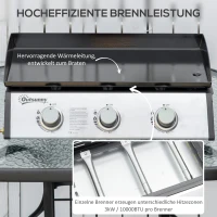 Outsunny Gasgrill mit 3 Brennern, Schlauch, Antihaft-Grillplatte, Edelstahl, Farbe: Silber, 63 x 48 x 21 cm(m-4)