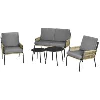 Outsunny Modulares Gartenmöbelset aus Polyrattan für 4 Personen, 5-teilig mit 1 2-Sitzer-Sofa, 2 Sesseln und 2 runden Kaffeetischen sand(m-1)
