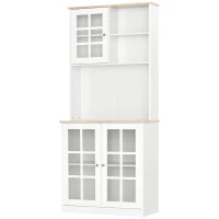 HOMCOM Küchenbuffet, Küchenschrank-Vitrine mit vielen Stauräumen, 3 Glasfronten mit Regal, 2 Fächer, große Arbeitsplatte, MDF weiß Eiche(m-1)