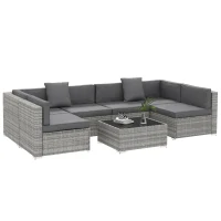 Outsunny 7-teiliges modulares Gartenmöbel-Set mit Glastischplatte und abnehmbaren Kissen inklusive grau(m-6)