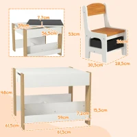 HOMCOM 3-teiliges Set Tisch und 2 Stühle für Kinder mit umdrehbarer Tischplatte, Tafel, Stauraumkorb(m-3)