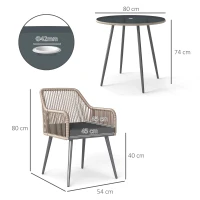 Outsunny 4 Seater Rattan Dining Set, Rattan Garden Furniture Set with Parasol Hole, Outdoor Dining Table and Chairs Set with Cushions, Round Glass Top Table for Patio, Balcony, Light Brown(m-3)