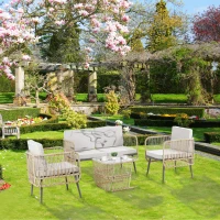 Outsunny Gartenmöbelset 4-teilig Sofa 2-Sitzer + 2 Sessel + 1 Couchtisch mit gehärteter Glasplatte 8 Kissen - Metall und PE-Rattan - Beige(m-2)