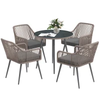 Outsunny 4 Seater Rattan Dining Set, Rattan Garden Furniture Set with Parasol Hole, Outdoor Dining Table and Chairs Set with Cushions, Round Glass Top Table for Patio, Balcony, Light Brown(m-1)