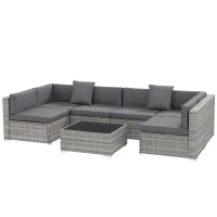 Outsunny 7-teiliges modulares Gartenmöbel-Set mit Glastischplatte und abnehmbaren Kissen inklusive grau(m-1)