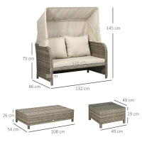 Outsunny Gartensofa-Set 4-teilig 2-Sitzer + 1 Fußhocker + 2 Couchtische mit Kissen Beige Braun(m-3)