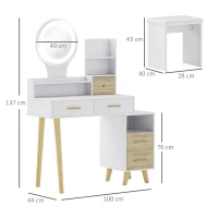 HOMCOM Schminktisch mit Spiegel und Hocker Schminktisch einstellbare Helligkeit 5 Schubladen 4 offene Fächer 1 Regal Weiß(m-3)