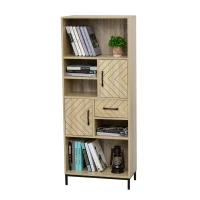 HOMCOM Bücherregal Highboard 2 Regale 3 Fächer 2 Schränke + Schublade aus Holz in Hell Eiche Grafischem Muster Schwarzen Metallbeinen(m-1)