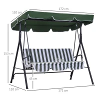 Outsunny Gartenliege 3-Sitzer mit verstellbarem Dach und Kissen Schwarz Stahl Polyester Grün(m-3)
